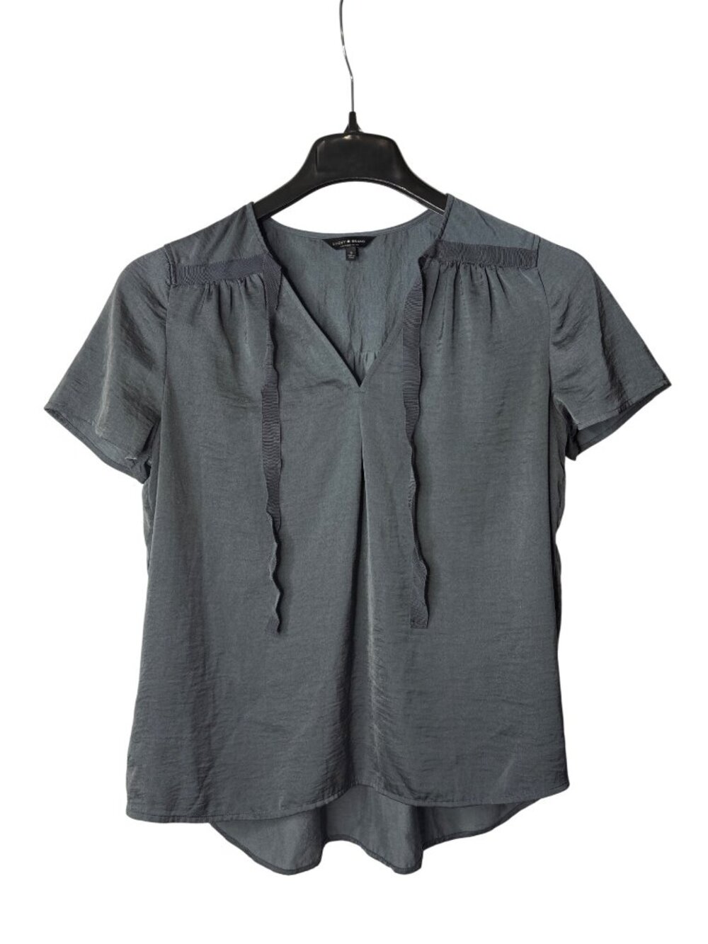 Lucky Brand Womens Blouse Top Size S V Neck Ribbon Tie Front Navy Blue High Low